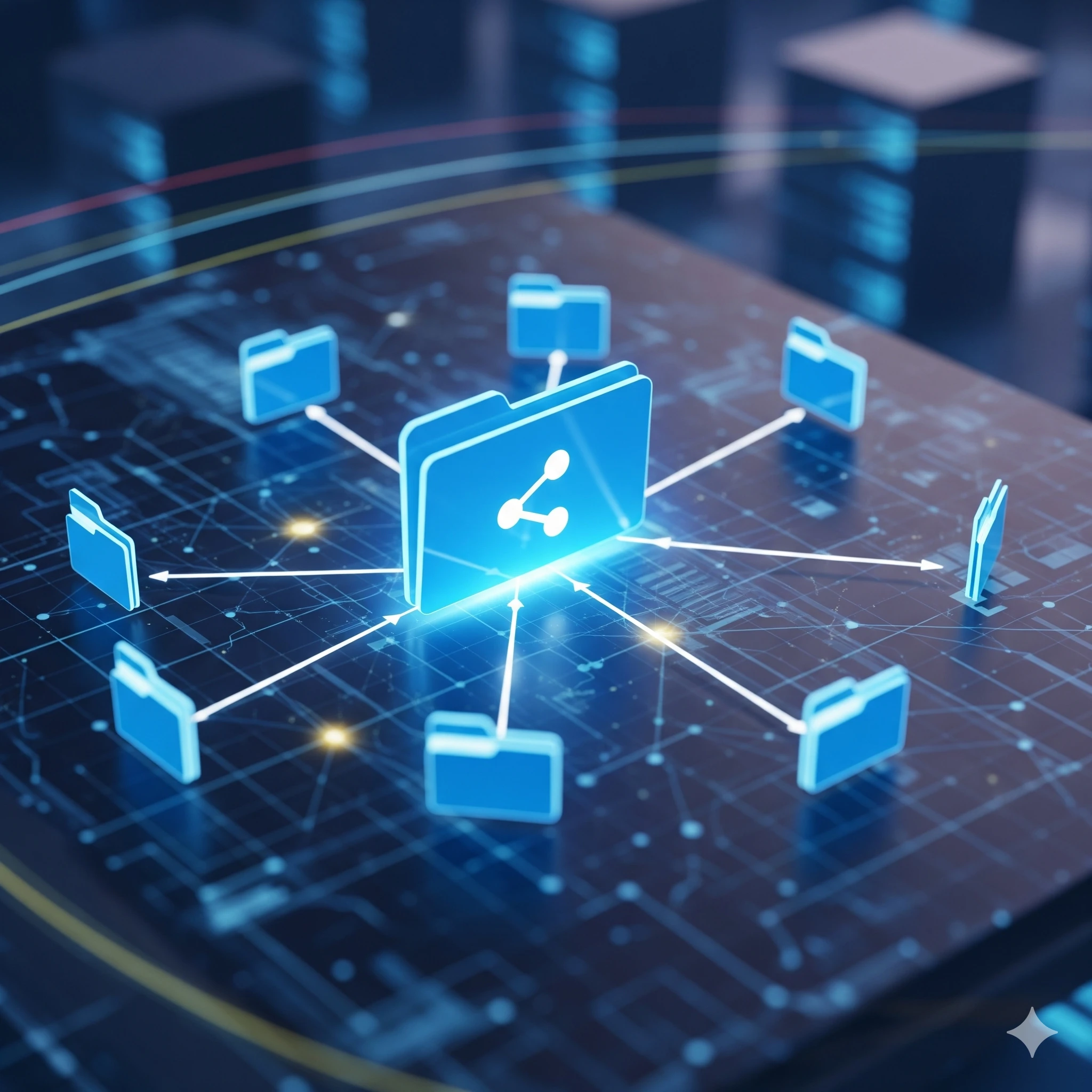 תרשים של פתרונות מתקדמים לשיתוף תיקיות ברשת - מציג NAS, שרת ייעודי, פתרונות ענן וחיבורים מאובטחים בין מחשבים ברשת עסקית